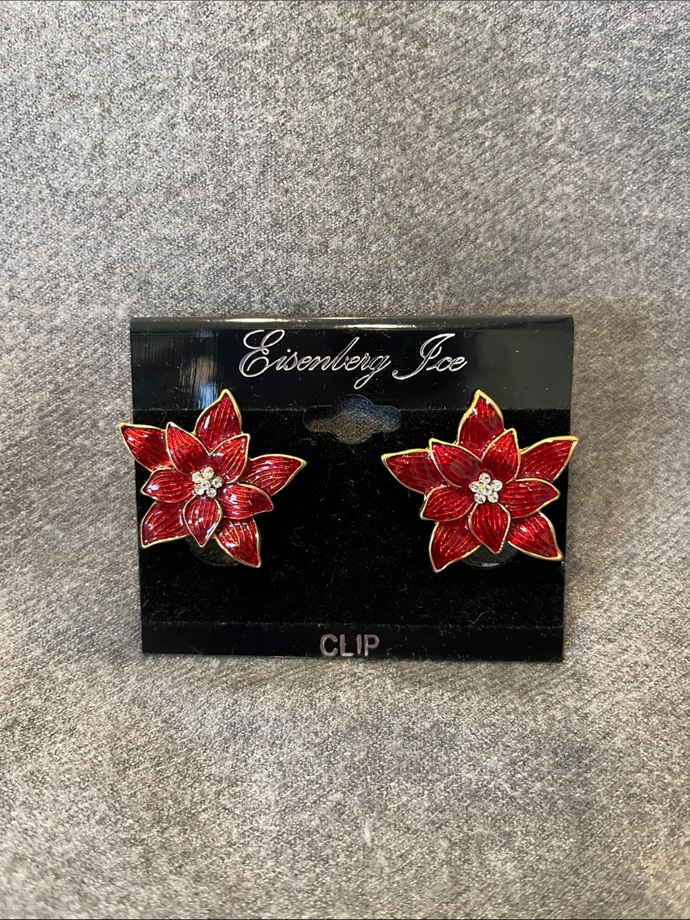 Vtg Eisenberg Ice Red Enameled Poinsettia Clip Earrings-NIP